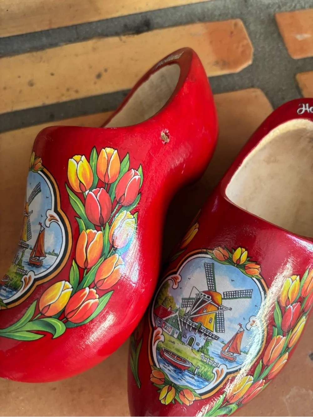 Red Kids Wooden Clogs with Tulip and Windmill Design from Holland